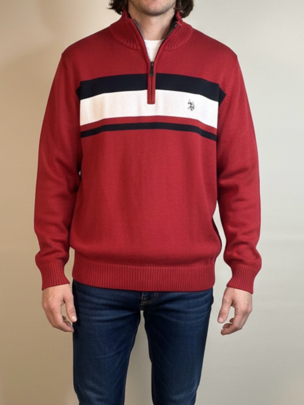 Men’s U.S. Polo Assn. Red Zip-Neck Stripe Sweater XL
